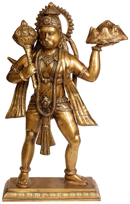 24" Mahabali Hanuman Carrying Mount Dron In Brass | Handmade | Made In India