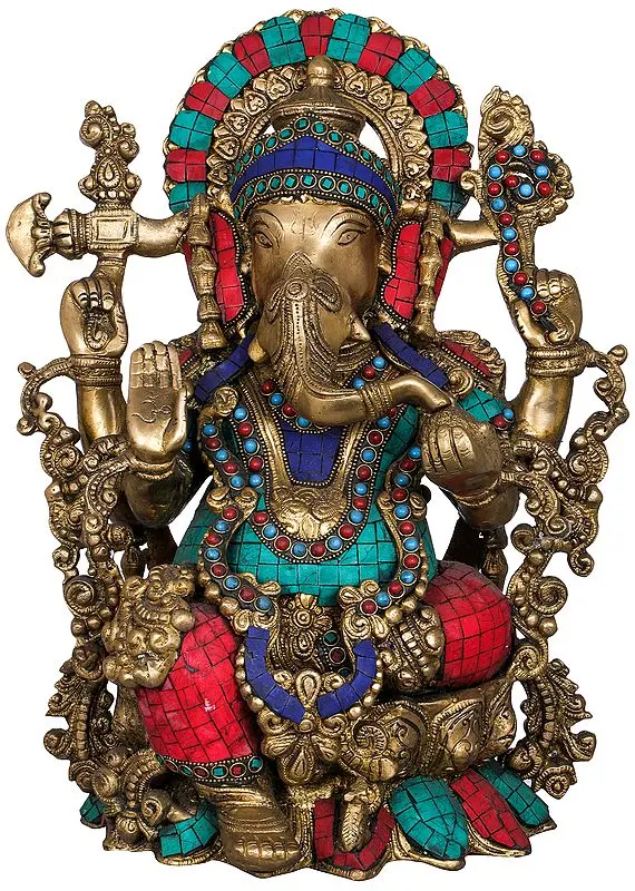 15" Bhagawan Ganapati (Lord Ganesha Inlay Statue) In Brass | Handmade | Made In India