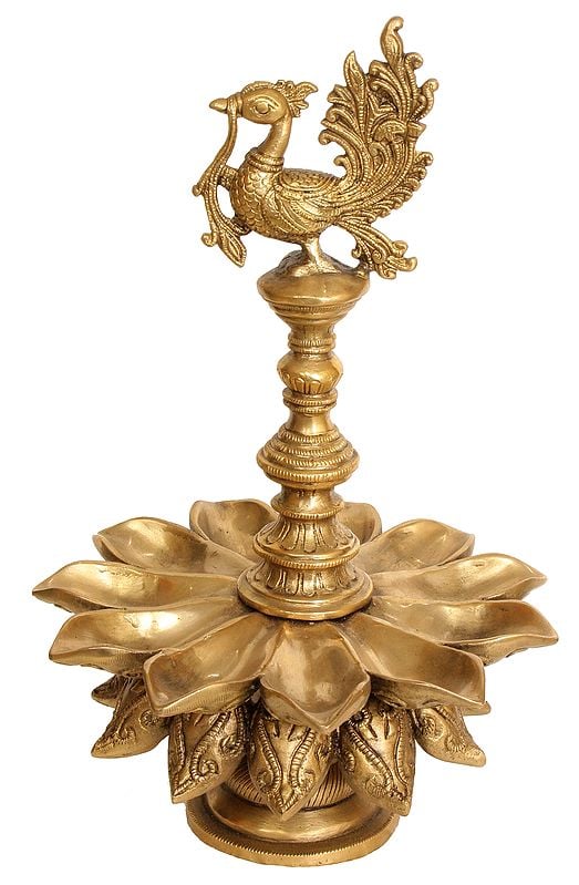 13" Peacock Lamp with Lotus Petal Diyas in Brass | Handmade | Made in India
