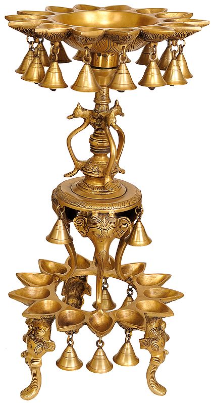 25" Ganesha Lamp with Bells and Legs Shaped Like Elephant Trunks in Brass | Handmade | Made in India