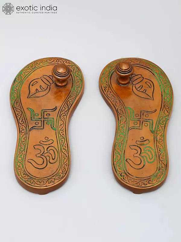 6" Charan Paduka with Auspicious Figure in Brass | Handmade | Made in India