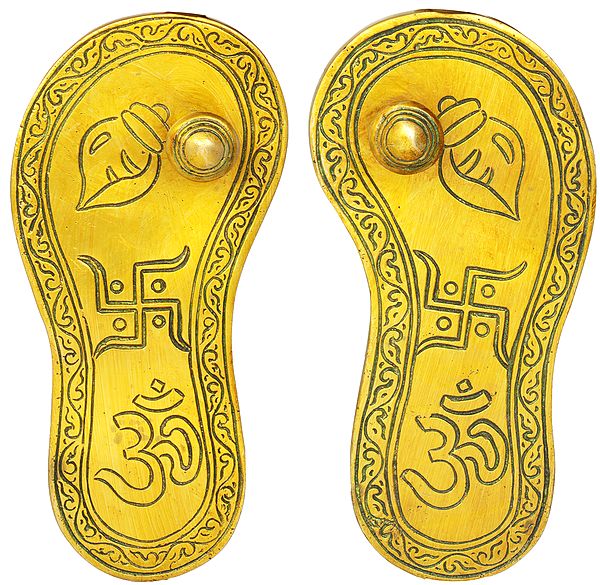 6" Charan Paduka with Auspicious Figure in Brass | Handmade | Made in India