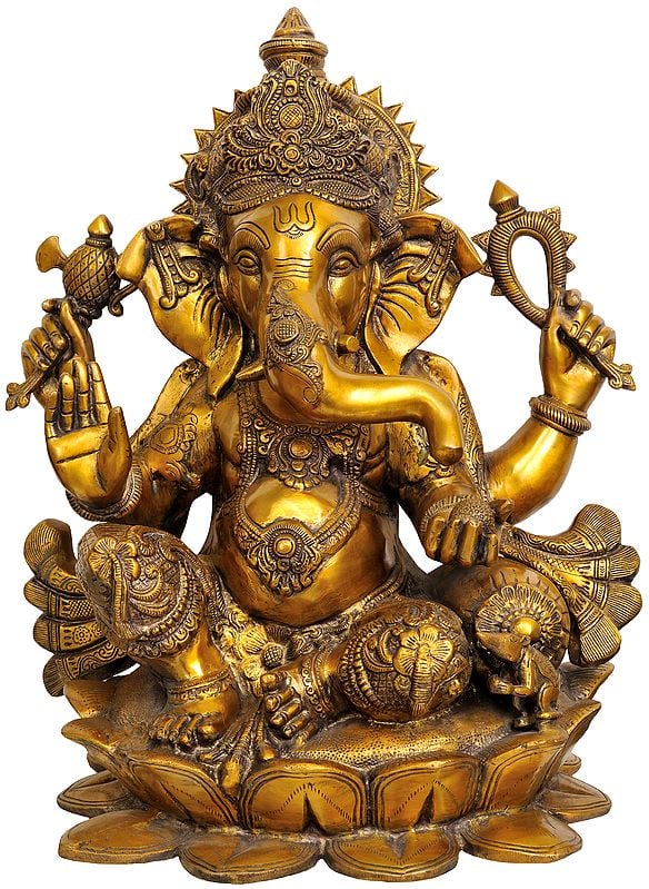 21" Large Size Kamalasana Chaturbhuja Ganesha In Brass | Handmade | Made In India