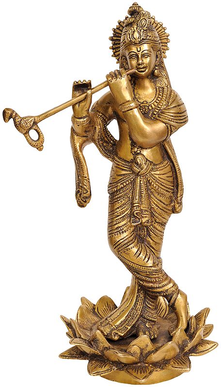 11" Fluting Krishna on the Lotus Flower In Brass | Handmade | Made In India