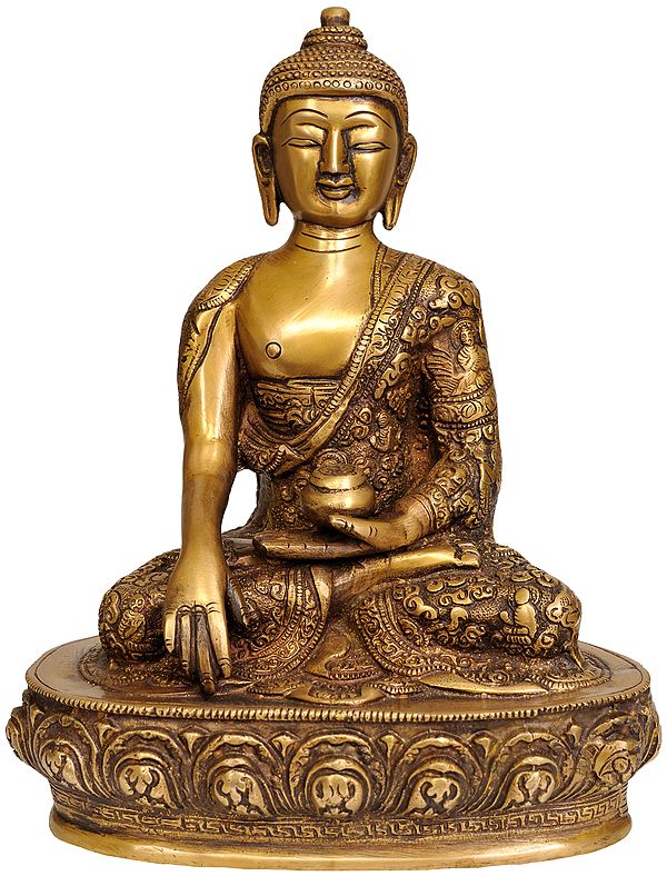 9" Lord Buddha in Bhumisparsha Mudra (Robes Decorated with the Scenes from His Life) In Brass | Handmade | Made In India