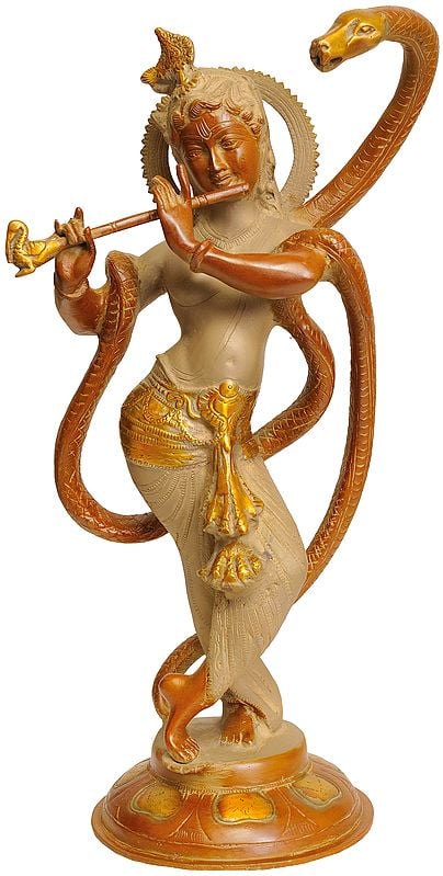 15" Shri Krishna with Kaliya In Brass | Handmade | Made In India