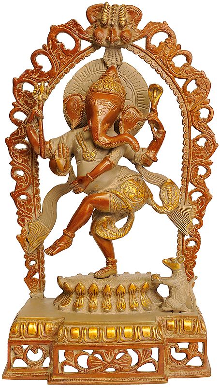 16" Dancing Ganesha with Kirtimukha Atop | Brass | Handmade | Made In India
