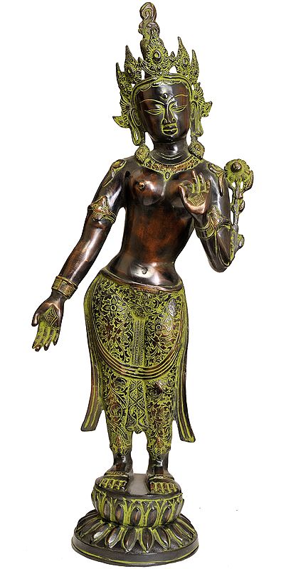 30" Large Size Standing Goddess Tara (Tibetan Buddhist Deity) In Brass | Handmade | Made In India
