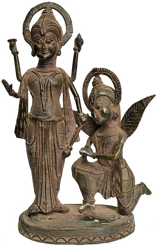 8" Garuda  Paying Obeisance to Lord Vishnu (Tribal Statue from Bastar) In Brass | Handmade | Made In India