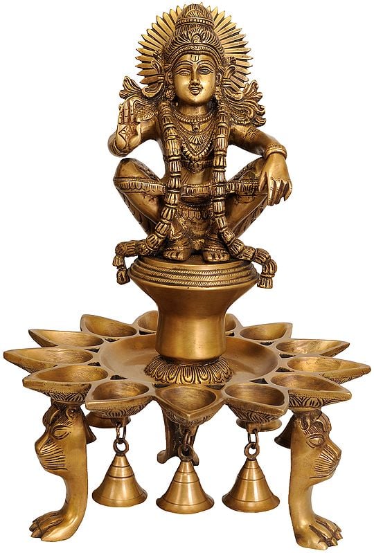 18" Lord Ayyappan Lamp with Bells and Lion Head Legs In Brass | Handmade | Made In India