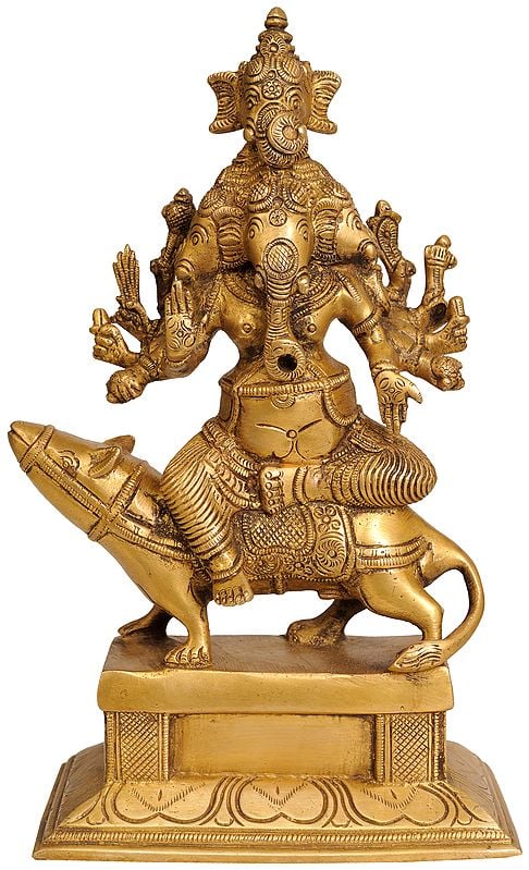 9" Five Headed Lord Ganesha Seated on His Mount In Brass | Handmade | Made In India