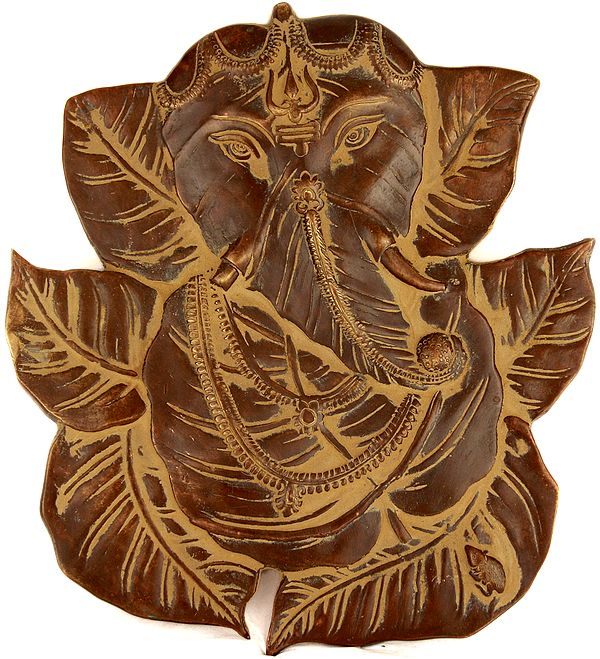 8" Pipal Leaf Ganesha with Trishul on Forehead Wall Hanging Statue in Brass | Handmade