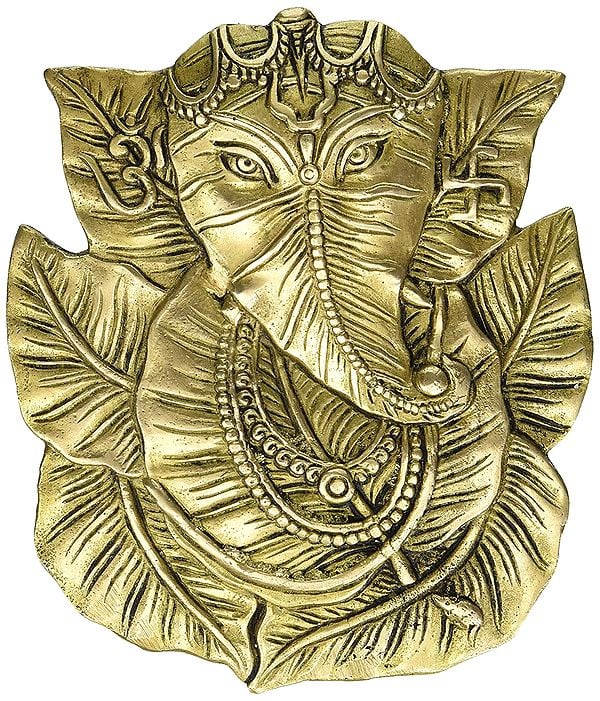 8" Pipal Leaf Ganesha with Trishul on Forehead Wall Hanging Statue in Brass | Handmade