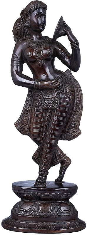 17" Sharp-Nosed Apsara Looks Into A Handheld Mirror In Brass | Handmade | Made In India