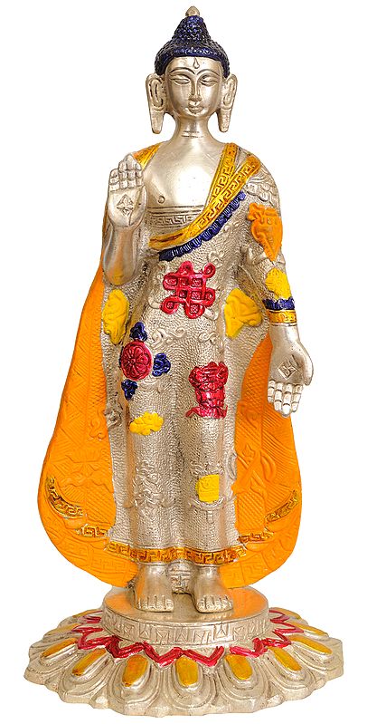 11" Lord Buddha Standing on Lotus Granting Abhay (Robes Decorated with Auspicious Symbols) In Brass | Handmade | Made In India