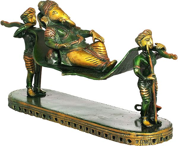 12" Lord Ganesha on Palki In Brass | Handmade | Made In India