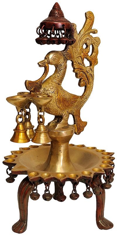 14" Peacock Lamp with Ghungroos and Bells in Brass | Handmade | Made in India