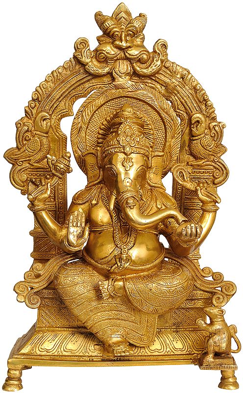 10" Lord Ganesha Seated on Throne with Kirtimukha In Brass | Handmade | Made In India