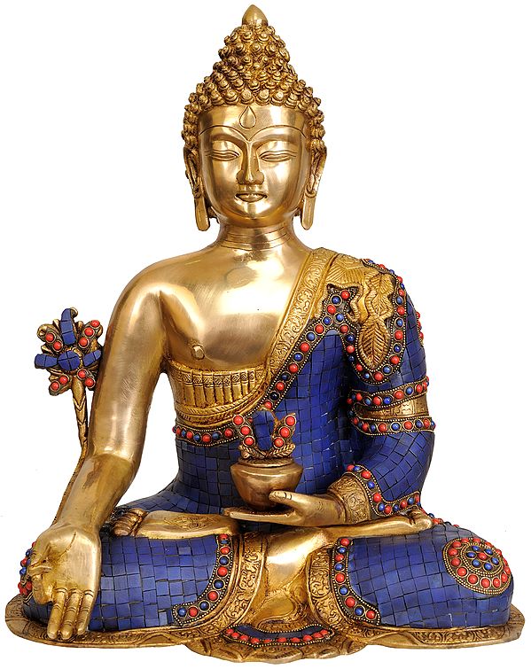 17" Lapis Healing Buddha (Inlay Statue) In Brass | Handmade | Made In India