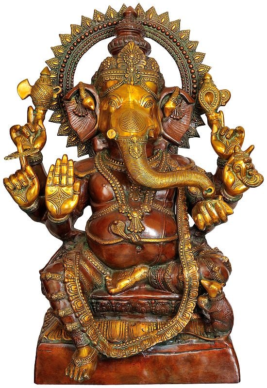 37" Large Size Lalitasana Ganesha in Ashirvad Mudra In Brass | Handmade | Made In India