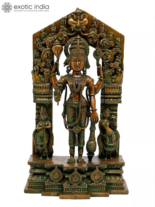 28" Large Size Lord Vishnu with Shridevi and Bhudevi (Aureole Depicting His Ten Incarnations) In Brass | Handmade | Made In India