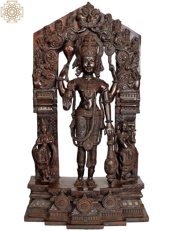 28" Large Size Lord Vishnu with Shridevi and Bhudevi (Aureole Depicting His Ten Incarnations) In Brass | Handmade | Made In India