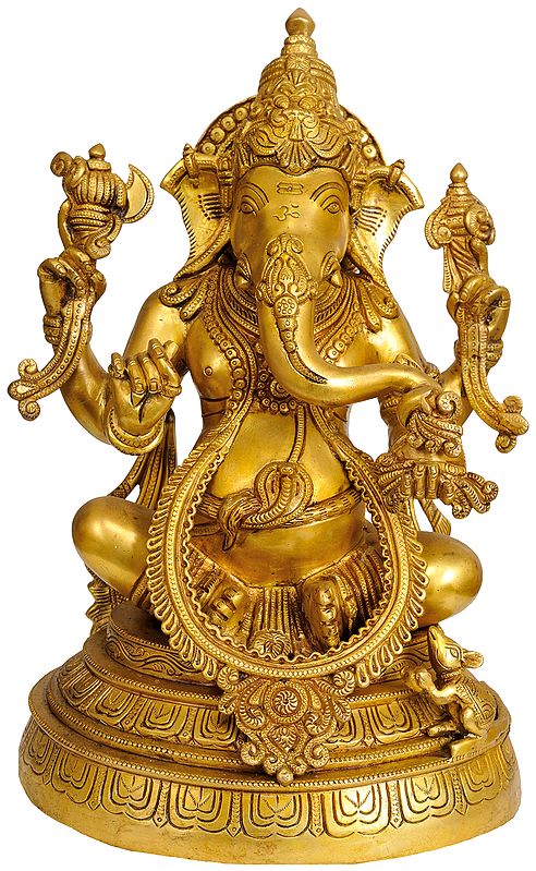 15" Four Armed Seated Ganesha In Brass | Handmade | Made In India
