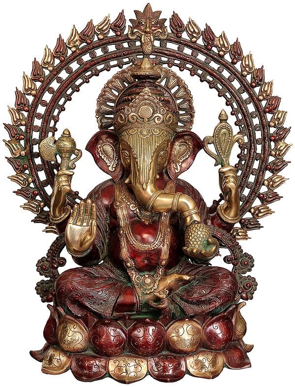 25" Large Size Lord Ganesha Seated on Lotus with Prabhavali and Kirtimukha in Brass | Handmade | Made In India
