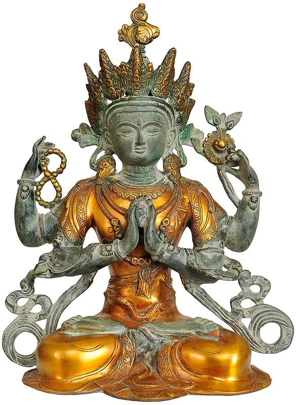 15" Tibetan Buddhist Deity Chenrezig (Shadakshari Lokeshvara) In Brass | Handmade | Made In India