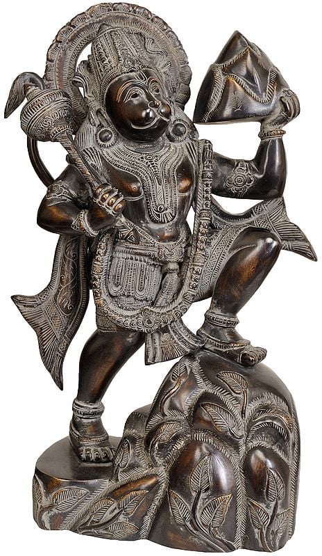 16" Lord Hanuman Carrying Mount Dron of Sanjeevani Herbs In Brass | Handmade | Made In India