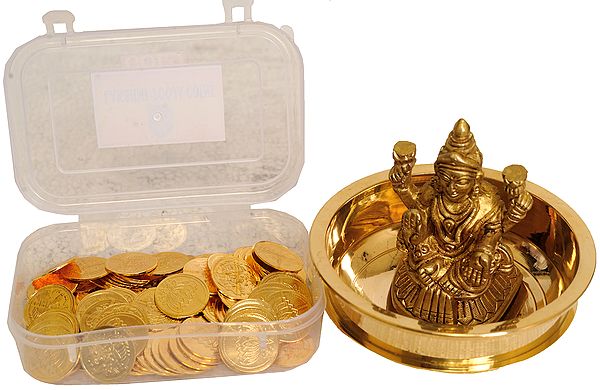 3" Goddess Lakshmi Puja Kit with 108 Coins in Brass | Handmade | Made in India