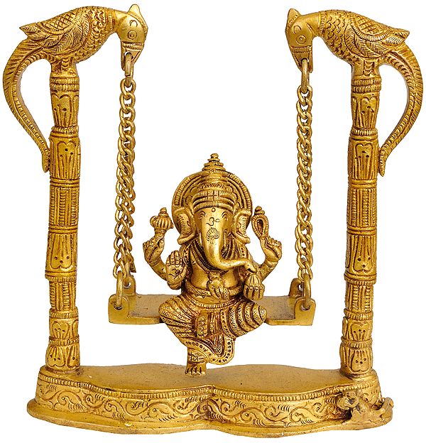7" Brass Lord Ganesha Statue on a Parrot Swing | Handmade | Made in India