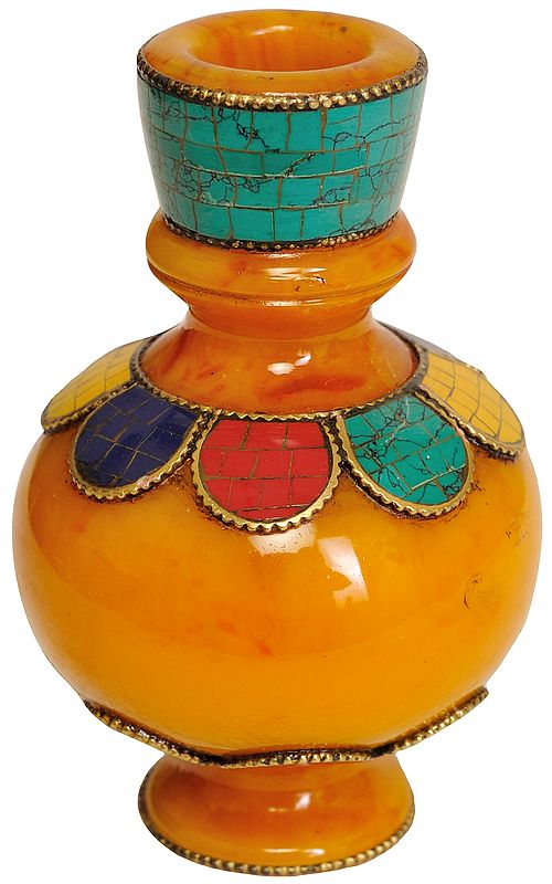 Tibetan Buddhist Small Ritual Vase  (Amber Dust with Inlay)