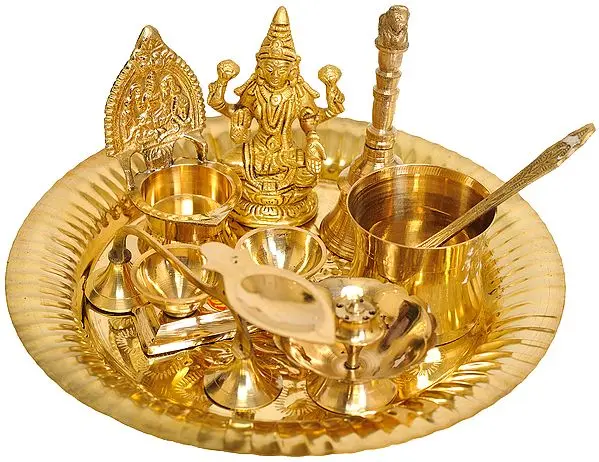 8" Goddess Lakshmi Puja Thali In Brass | Handmade | Made In India