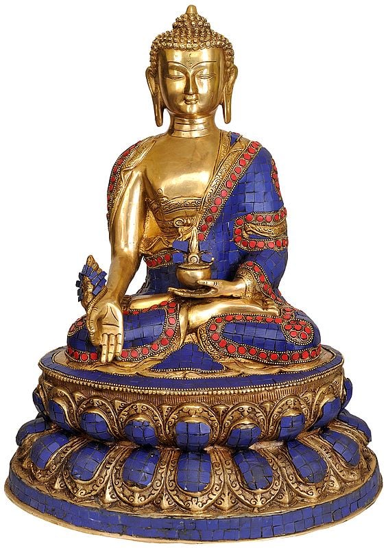 16" (Tibetan Buddhist Deity) The Medicine Buddha - Scenes from the Life of Buddha Depicted on Reverse In Brass | Handmade | Made In India