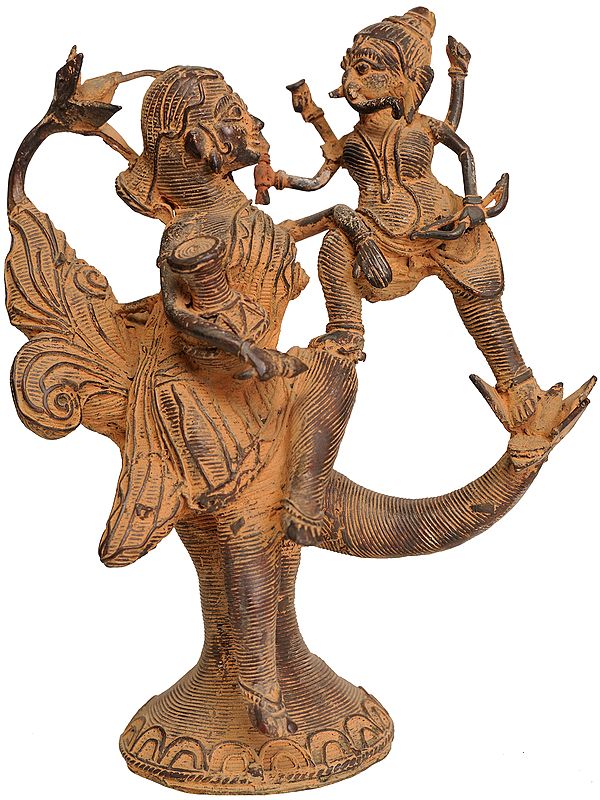 7" Goddess Parvati Playing with Baby Ganesha (Tribal Statue from Bastar) | Handmade Brass Idol