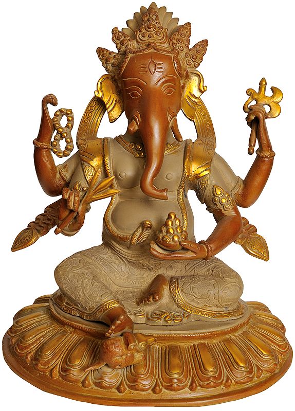 11" Lord Ganesha with Radish, Parashu, Rudraksha and a Bowl of Modak In Brass | Handmade | Made In India