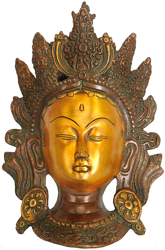 10" Goddess Tara Wall Hanging Mask in Brass | Handmade Buddhist Deity Statue | Made in India