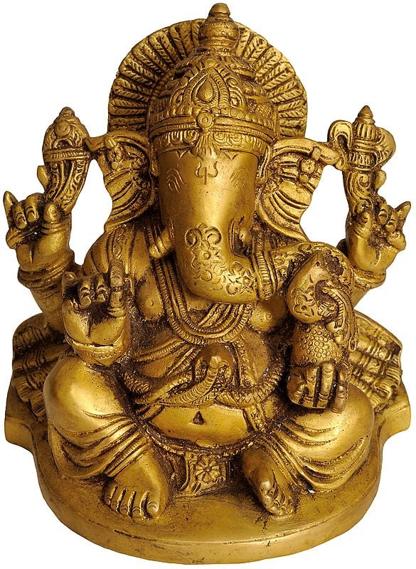 6" Four Armed Seated Ganesha In Brass | Handmade | Made In India