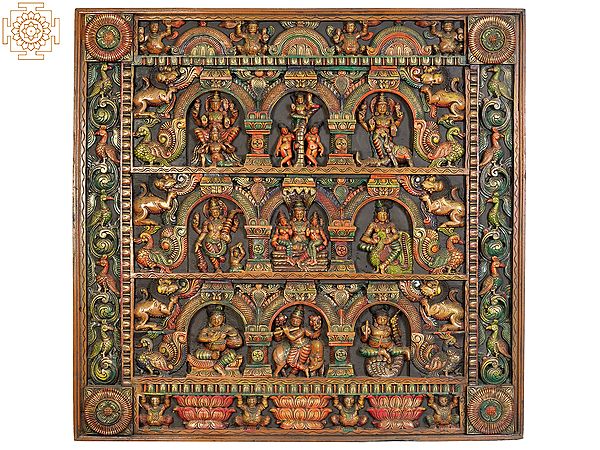 Woodblock Depicting the Scenes of Vishnu on Garuda, Gajendra Moksha, Vishnu Trivikrama Vishnu with Bhu Devi and Shri Devi and Krishna Lilas with Dwarf, Yali and Peacock Figures