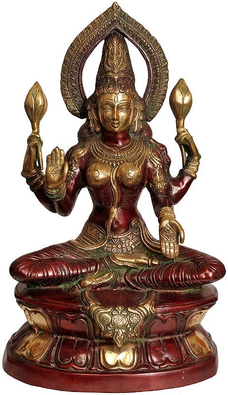 18" Goddess Lakshmi Seated on Double Lotus Pedestal In Brass | Handmade | Made In India