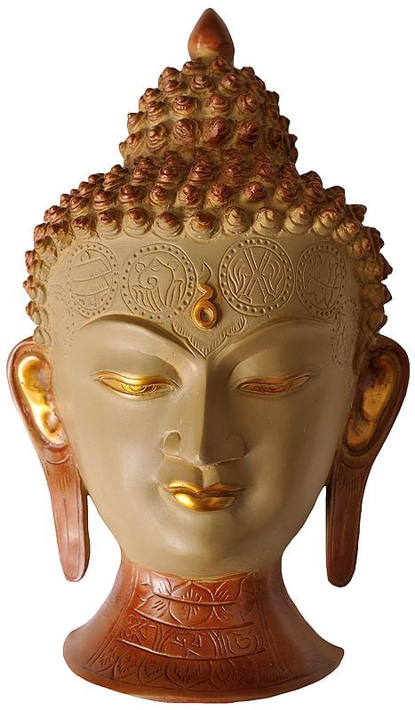 11" Lord Buddha Wall Hanging Mask (Forehead Engraved with Auspicious Symbols) In Brass | Handmade | Made In India