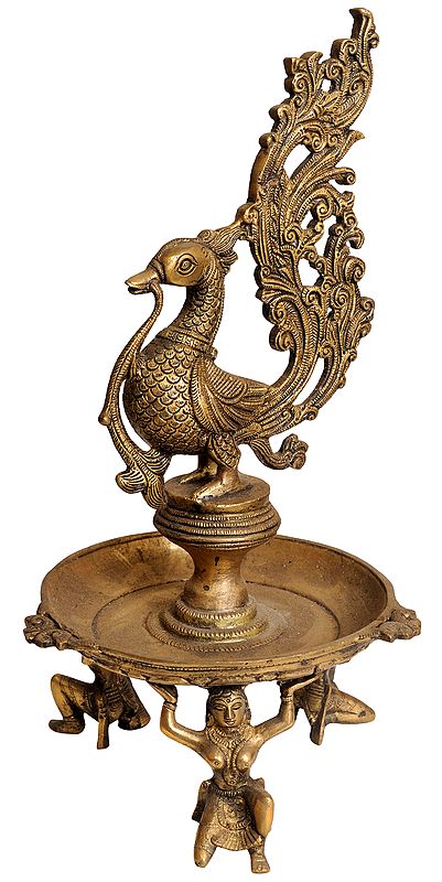 15" Peacock Lamp Supported by Ladies in Brass | Handmade | Made in India