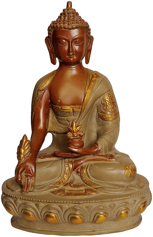 12" The Medicine Buddha Seated on Lotus Pedestal (Tibetan Buddhist Deity) In Brass | Handmade | Made In India