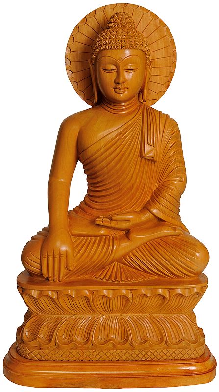 Lord Buddha Idol in Earth Touching Gesture Carved in Kaima Wood
