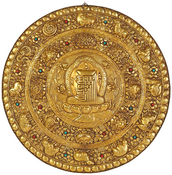 The Ten Syllables of the Kalachakra Mantra Wall Hanging Plate with Ashtamangala Symbols and Animals of Tibetan Astrological Calendar