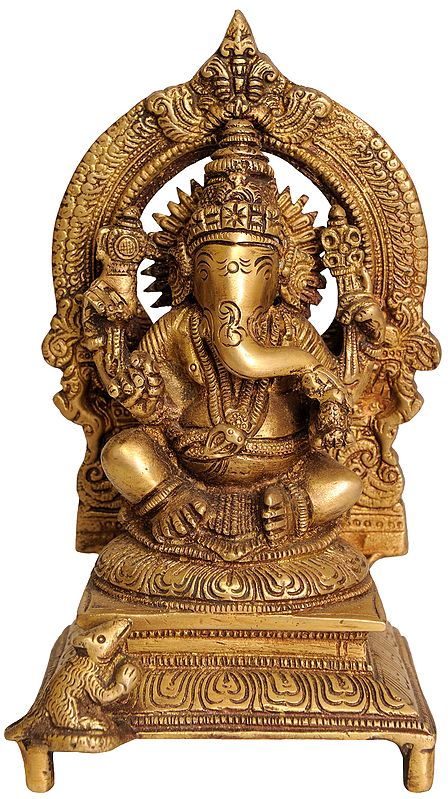 7" Enthroned Ganesha Sculpture in Brass | Handmade | Made in India