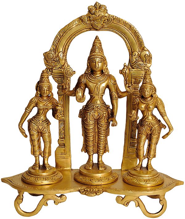 9" Lord Vishnu with Shridevi and Bhudevi In Brass | Handmade | Made In India