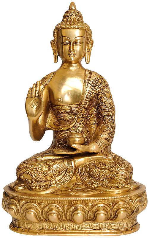 10" Preaching Buddha (Robes Decorated with Auspicious Symbols) In Brass | Handmade | Made In India