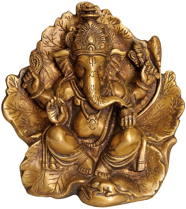 6" Lord Ganesha Seated on A Flower Couch In Brass | Handmade | Made In India